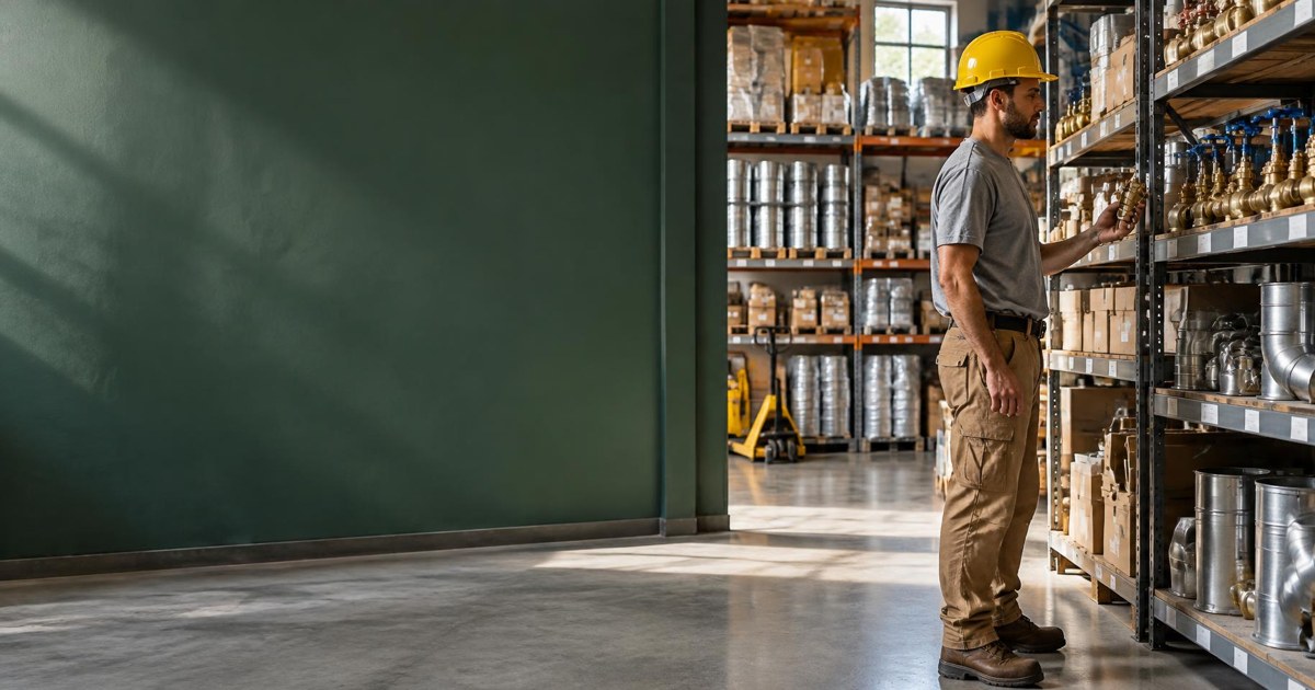 Contractor choosing plumbing and heating supplies in a warehouse